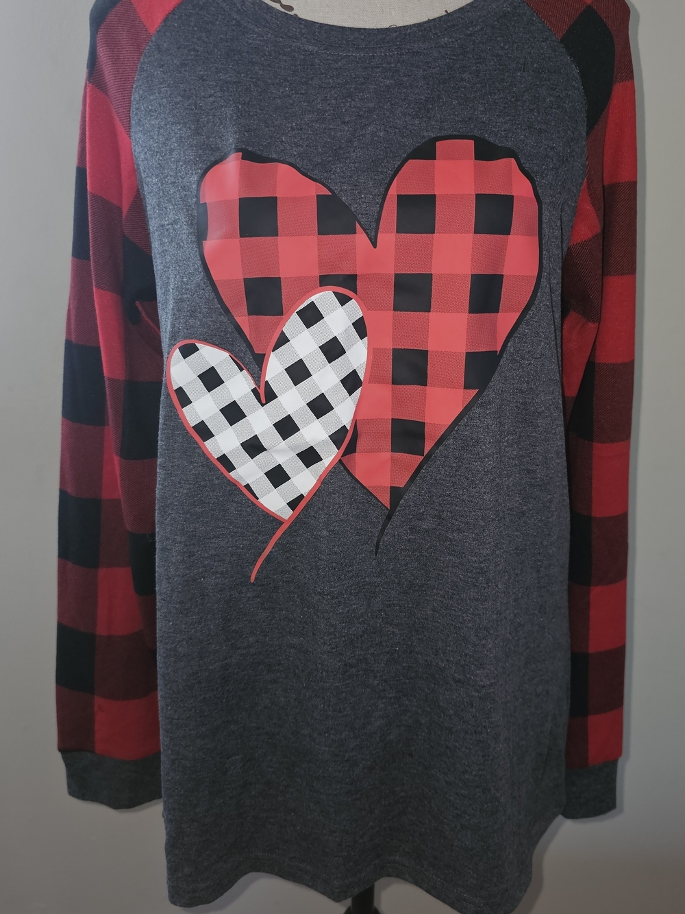 Plaid Heart Long-Sleeve Tee - Charcoal and Red